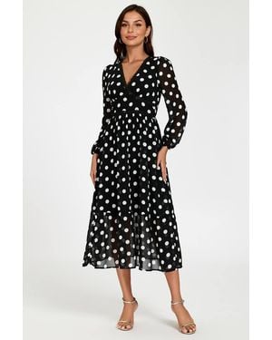 FS Collection Dot Print Lace Trim Long Sleeve Maxi Dress - White
