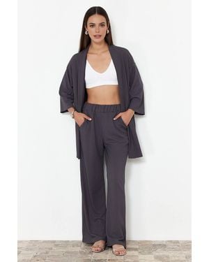 WOVCOR Two-Piece Kimono Set – Relaxed Fit Knit Top & Wide-Leg Trousers - Blue