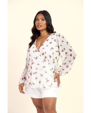 FASHION-SZN Curve Ditsy Print Wrap Balloon Sleeve Mesh Blouse - Natural