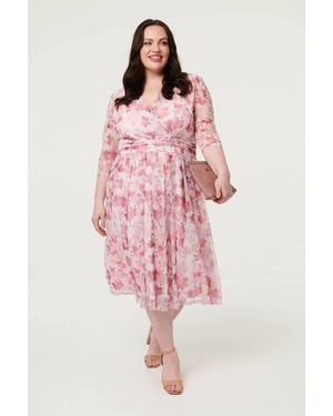 Izabel London Curve Floral Wrap 1/2 Sleeve Midi Dress - Pink