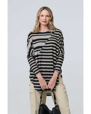 Izabel London Striped Asymmetric Long Sleeve Tunic Top - Grey