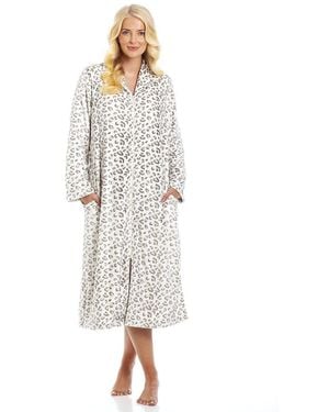 CAMILLE Supersoft Fleece Zip Up Animal Print Dressing Gowns - White
