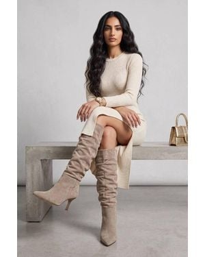Miss Diva Joni Pointed Toe Low Heel Rouched Knee High Faux Suede Boots - Grey