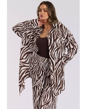 South Beach Print Oversized Beach Shirt - Brown