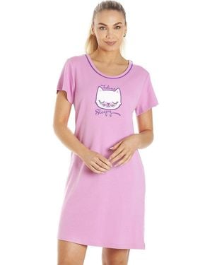 CAMILLE Short Sleeve Cat Print Summer Nightdress - Pink