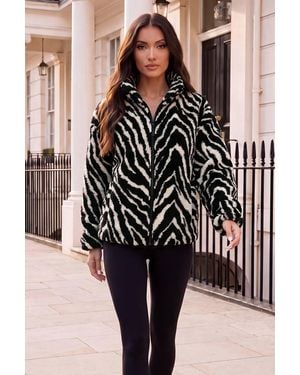 AX Paris Cream Animal Print Zip-Up Teddy Jacket - Black