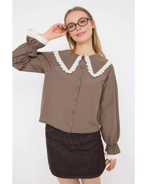 WOVCOR Lace Collar Gingham Button Front Long Sleeve Crop Shirt - Multicolour