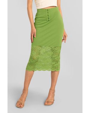 Enorsia Lace Tiered Button Detail Midi Skirt - Green