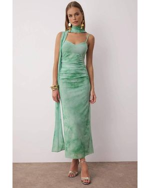 WOVCOR Tie Dye Sweetheart Neck Strappy Midi Dress W/ Scarf - Green