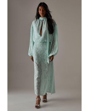 Warehouse Chiffon Jacquard High Neck Slash Front Blouse - Grey