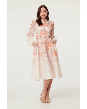 Izabel London Floral Belted High Neck Midi Dress - Natural