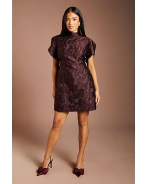 Coast Petite Puff Sleeve Jacquard Mini Dress - Brown