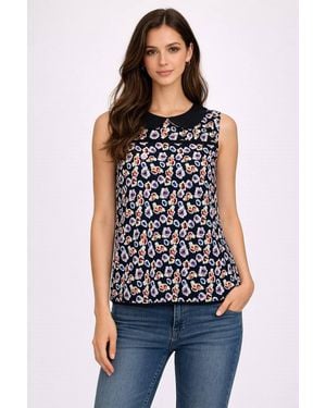 Cutie London Floral Print Sleeveless Top W/ Peter Pan Collar - Blue
