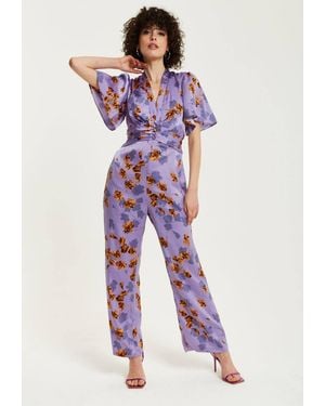 Liquorish Floral Wide Leg Jumpsuit W/ Angel Sleeves - Purple