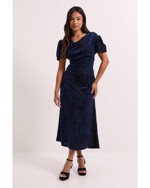 Dorothy Perkins Petite Dp Luxe Cowl Neck Puff Sleeve Midi Dress - Blue