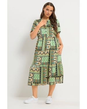 Yours Patchwork Half Placket Dress - Green