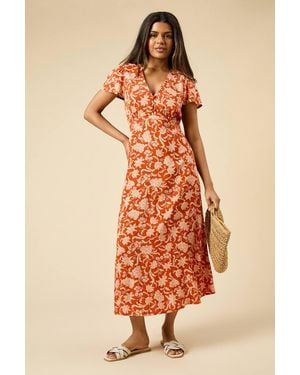 Dorothy Perkins Petite Floral Ruffle Sleeve Button Midi Dress - Orange
