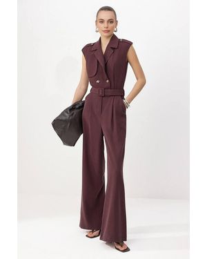 WOVCOR Belted Wide Leg Sleeveless Collar Jumpsuit - Red