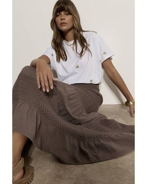 Apricot Cotton Crochet Tiered Maxi Skirt - Brown