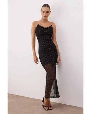 WOVCOR Embellished V Neck Lined Tulle Maxi Dress - Black