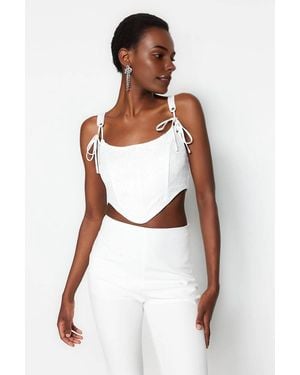WOVCOR Jacquard Tie Strap Handkerchief Hem Bustier Top - White