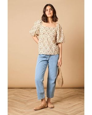 Oasis Printed Puff Sleeve Square Neck Cotton Top - Blue