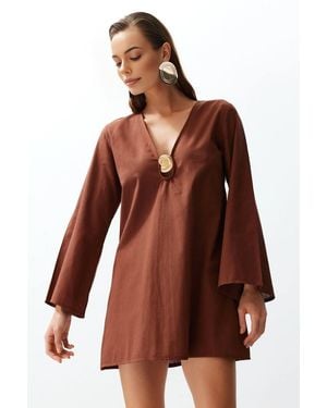 WOVCOR V Neck Long Sleeve Accessory Detail Beach Mini Dress - Brown