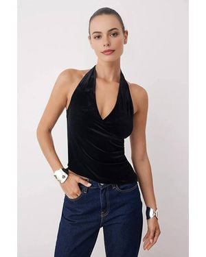 WOVCOR Wrap Neck Halterneck Velvet Party Blouse - Blue