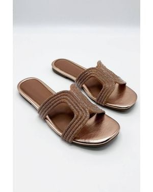 Miss Diva Hera Diamante Embellished Cut-Out Sliders - Brown