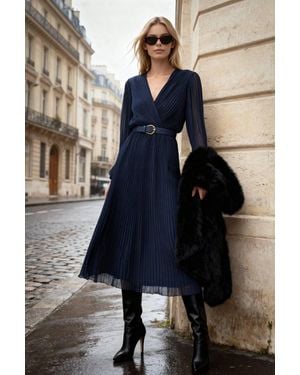 WOVCOR Belted A-Line Pleated Maxi Dress - Blue