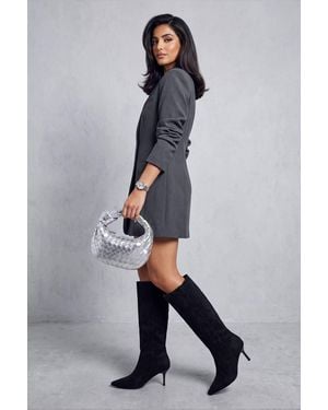 Miss Diva Ira Pointed Toe Low Heel Knee High Faux Suede Boots - Grey