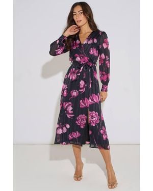 Gini London Floral Chiffon Sparkle Stripe Wrap Midi Dress - Purple