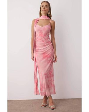 WOVCOR Tie Dye Sweetheart Neck Strappy Midi Dress W/ Scarf - Pink