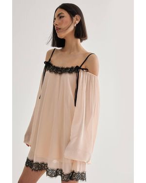 Nasty Gal Contrast Lace Velvet Tie Cold Shoulder Swing Dress - Natural