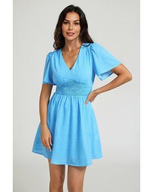 FS Collection Polka Dot V-Neck Mini Dress W/ Shirred Waist - Blue
