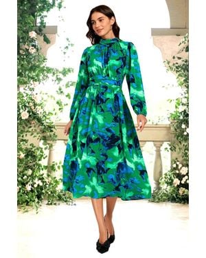 FS Collection Abstract Floral Print Long Sleeve Midi Dress - Green