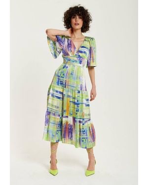 Liquorish Abstract Print Midi Dress W/ Short Sleeves - Green
