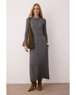 WOVCOR Ribbed Knit Button Front Midi Dress W/ Belt Detail - Grey