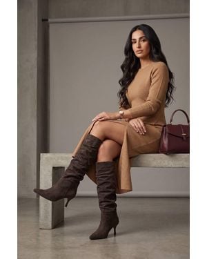 Miss Diva Joni Pointed Toe Low Heel Rouched Knee High Faux Suede Boots - Brown