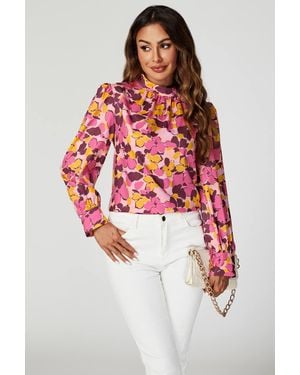 FS Collection Floral Print Long Sleeve High Neck Top - Red