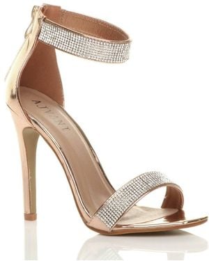 AJVANI High Heel Diamante Barely There Patent Heeled Sandals - Metallic