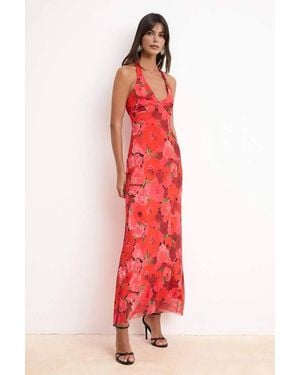 WOVCOR Floral Halterneck Maxi Evening Dress W/ Sheer Tulle - Red