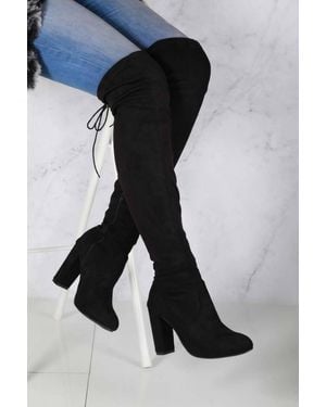Miss Diva Cinda Block Heel Slim Over Knee Faux Suede Boots - Black