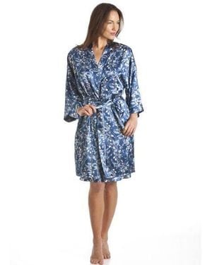CAMILLE Luxury Kimono Style Floral Satin Chemise & Wrap Set - Blue