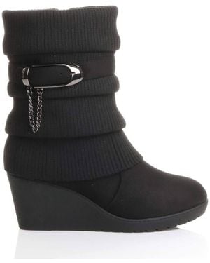 AJVANI Mid Wedge Heel Slouch Ankle Boots - Black