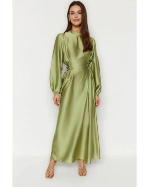 WOVCOR Long Sleeve Lace Up Waist Midi Dress - Green