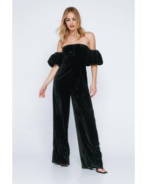Nasty Gal Velvet Ruched Sleeve Jumpsuit - Blue
