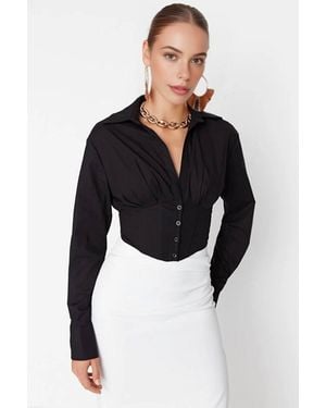 WOVCOR Crop Woven Poplin Shirt W/ Corset Back Detail - Black