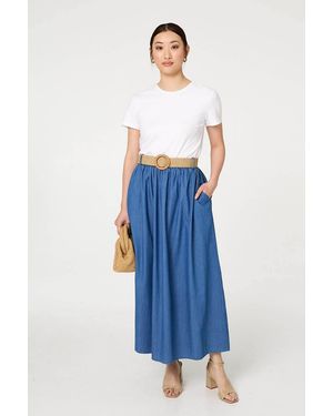 Izabel London High Waist Belt Detail Denim Maxi Skirt - Blue