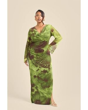FASHION-SZN Curve Abstract Blurred Floral Cowl Neck Maxi Dress - Green